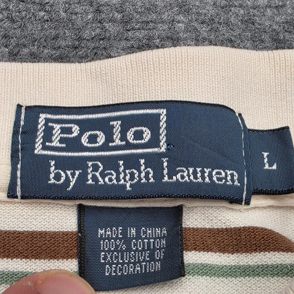 Polo Ralph Lauren Polo Shirt Mens Large Cream Brown Striped Short Sleeve Cotton